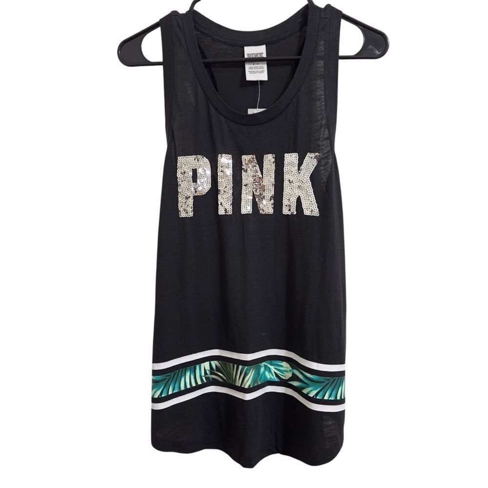 NWT VICTORIA’S SECRET PINK LOGO SEQUIN RACERBACK TROPICAL PRINT TANK TOP‎ SMALL - Picture 2 of 10
